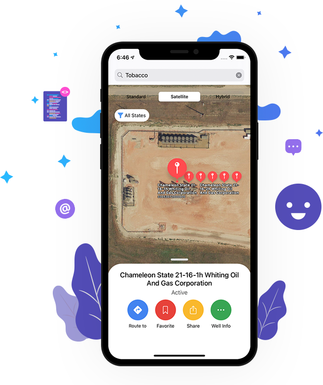 Petrix Maps app screenshot showing oilfield navigation